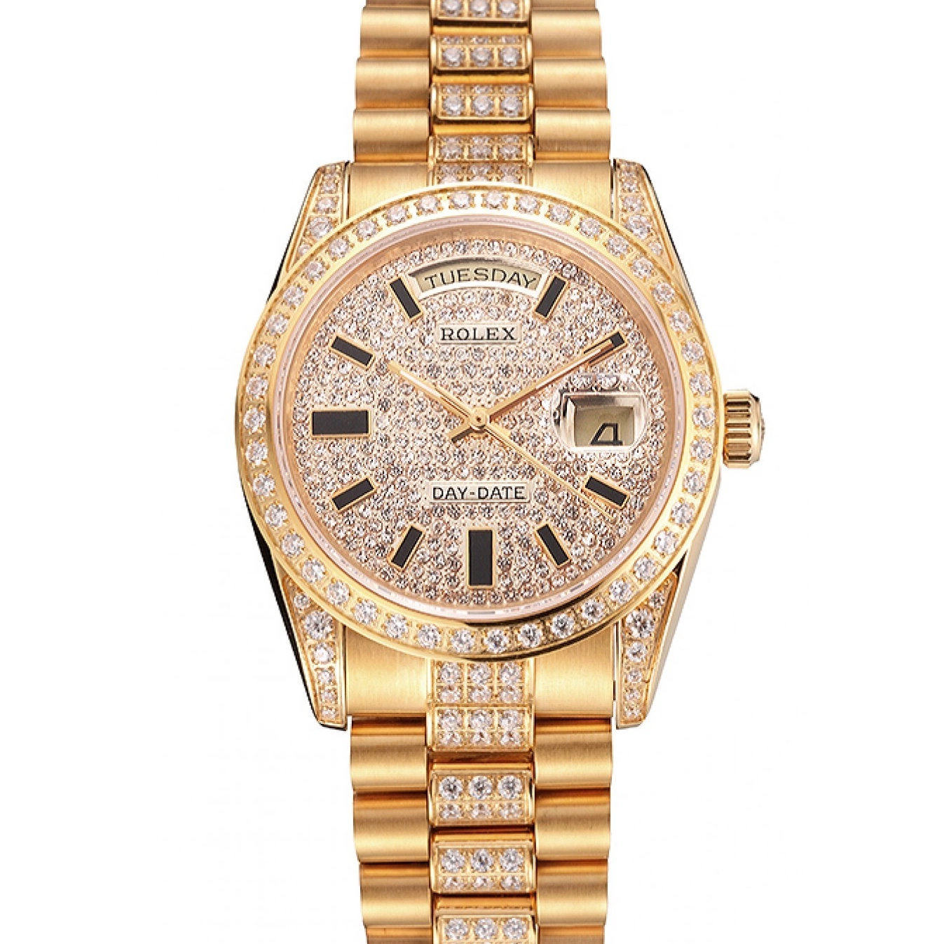 Aaa replica watch Date Yellow Swiss Diamond Gold Pave Day Rolex 0708